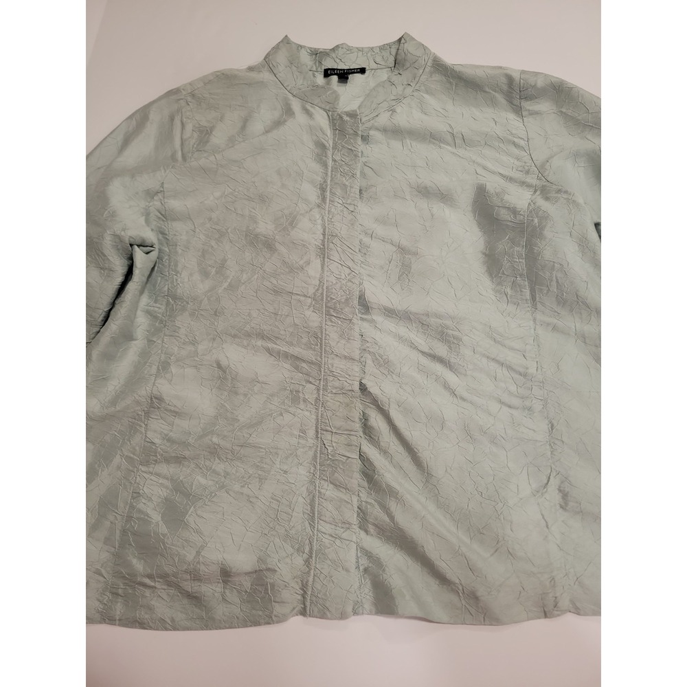 Eileen Fisher 100% Silk Crinkle Blouse Medium Seafoam Placket Buttons 3/4 Sleeve
